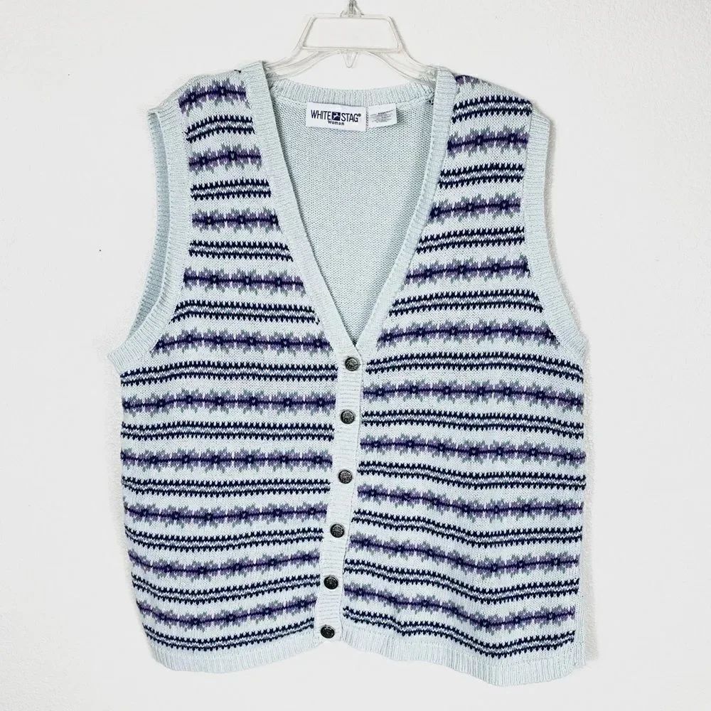 Vintage Cottagecore Light Blue Knit Button Up Sweater Vest